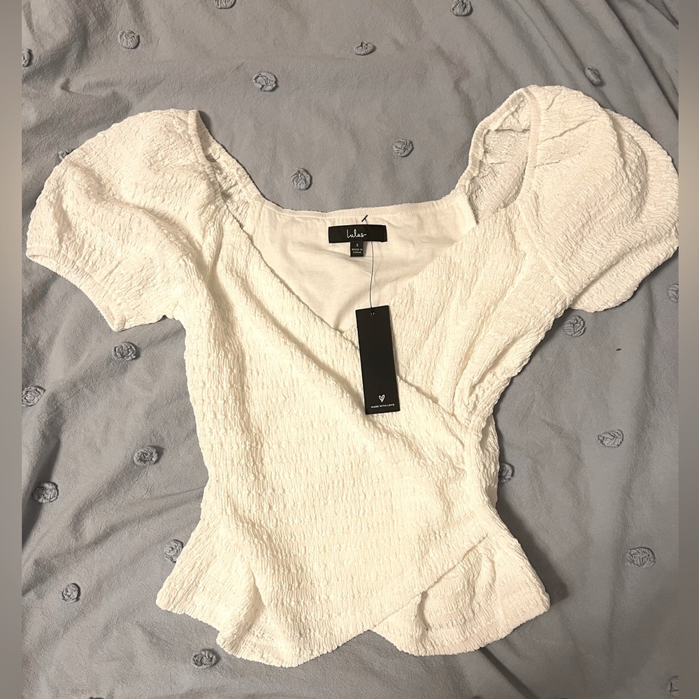 Lulus Sensibly Sweet White Textured Puff Sleeve Top size S white
